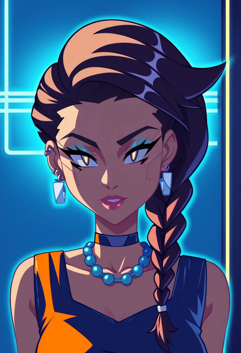 score_9, score_8_up, score_8_up, 1 kazakh girl, dark-skinned girl, cyberpunk, amir halgal, otoyomegatari, 1girl, black hair, braid, single braid, brown eyes, dress, bead necklace, beads, coin (ornament), jewelry, 4M1RH4LG4LV1, piercings, choker, portrait, ((streetwear)), average tits, teardrop shaped tits, fit body, thin waists, beautiful, night neon lighting, negative_hand, g0thicPXL, GTA