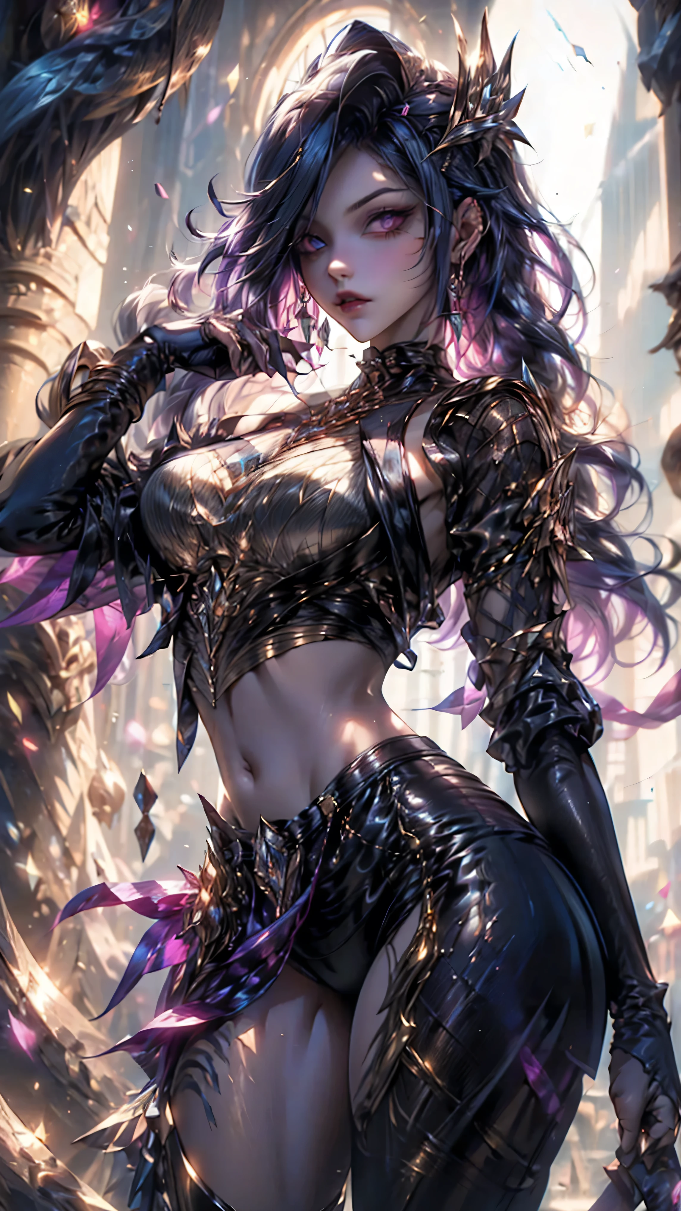 (masterpiece, best quality),1girl with long blue-black hair standing on the edge of a sky scraper, swedish face with sharp features, warm lighting,  glowing purple eyes, (golden-tan skin: high priority),detailed-beautiful eyes,gothic fantasy panties