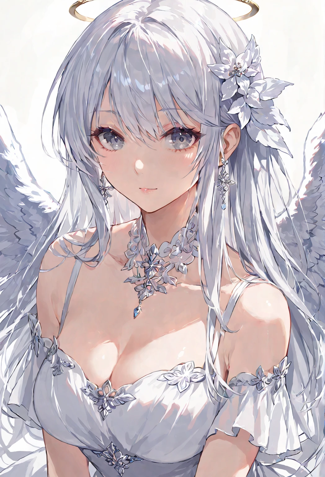 solo, angel, ((mature woman)), white hair, grey eyes, white theme dress, 