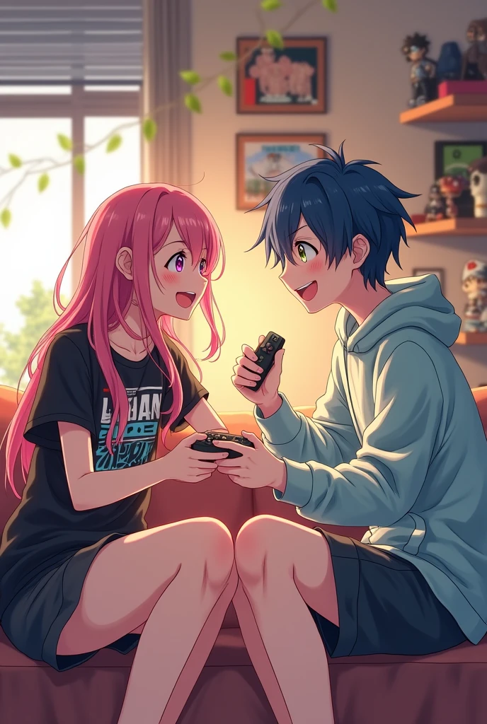 (couple), girl and boy, playing card game, rich in detail, competitive, happy expression, love, wide angle, 1girl, (((masterpiece, best quality, aesthetic, heavenly))), ((girl with red eyes, vibrant pink long hair)), ((intimate)), 1boy, ((boy with green eyes, short black curly hair))