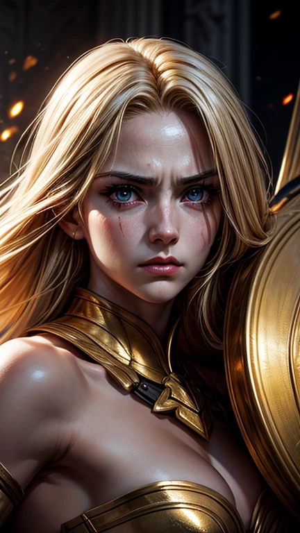 ((realism))Golden plates, shiny golden hair, ((detailed face)), strong arms, half naked, big eyes, shield and sword, 25 year old woman ((expressive face)), dark lighting, in the middle of war, war zone, dynamic pose, medium shot, fighting, blood, shiny skin.