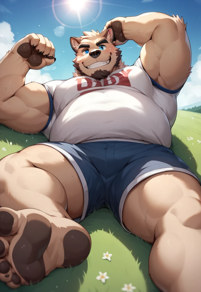 NJ5furry, Cat, solitary，Beast field，chubby, Thick arms，Strong muscles，shorts，Plush，Chubby face，Black eyebrows，Sky blue eyes，beard，smirk:1.1，lying back on the grass,on stomach,  daddy,  (from below:1.1)，Lie down，（shirt says "Daddy",shorts），Sunlight  , stinky feet  ,（sweat）,by zixiong, Takemoto Arashi