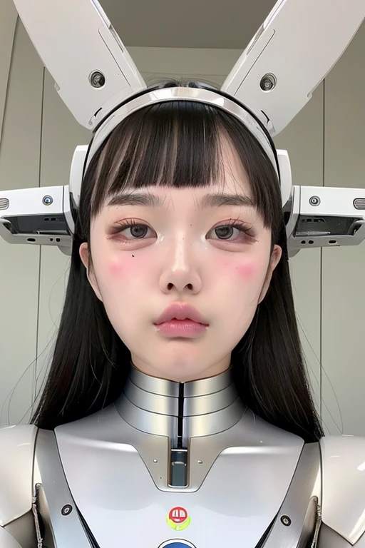 masterpiece, best quality, extremely detailed,portrait,upper body,front view,Japaese android girl,Plump, control panels,android,Droid,Mechanical Hand, Robot arms and legs,Blunt bangs,long tube,thick cable connected her neck,