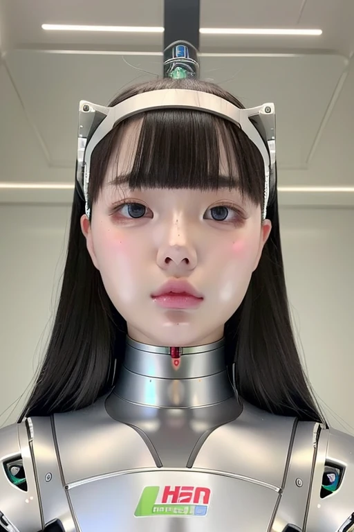 masterpiece, best quality, extremely detailed,portrait,upper body,front view,Japaese android girl,Plump, control panels,android,Droid,Mechanical Hand, Robot arms and legs,Blunt bangs,long tube,thick cable connected her neck,