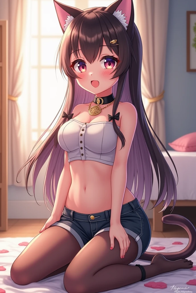 Make a piece of chocola character art, do anime nekopara, usando um biquini, umbigo exposto, barriga exposta, seios grandes, coxas sensuais, na beira da praia, with the arm taken,