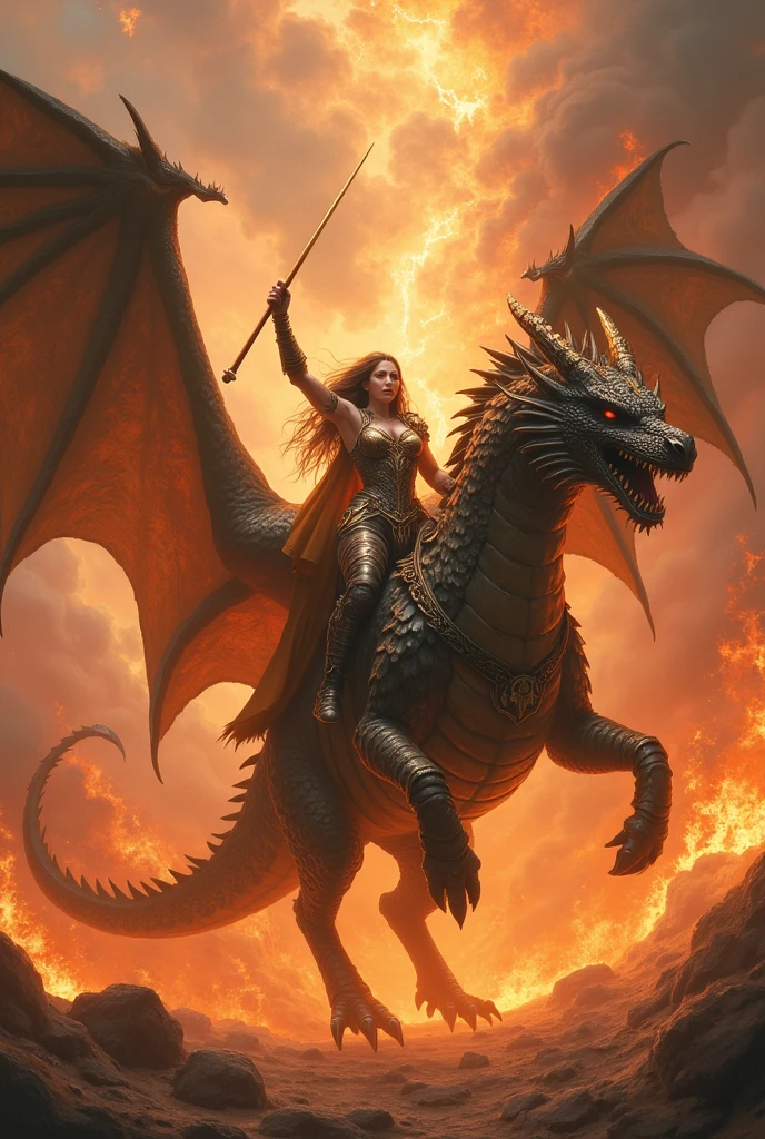 "A dragon-riding Wonder Woman charges into battle, her sword shining with ethereal light, as she confronts an army of shadowy minions and their dark magic-wielding leader."