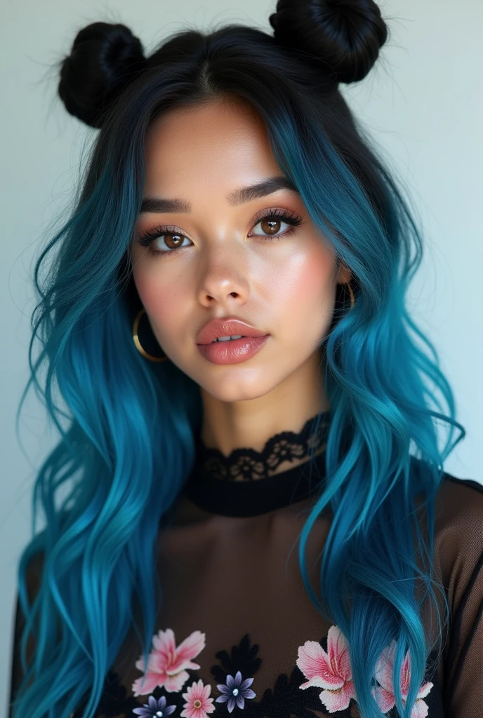 Create a highly detailed, textured white skin portrait of a 21-year-old Brazilian singer named Aira Gomez. She is an innovative virtual artist who embodies creativity and modernity. Aira’s face is symmetrical, with high cheekbones, flawless, glowing skin, and a soft, ethereal glow. Her eyes are large and almond-shaped, with a deep, captivating brown color that exudes mystery and warmth. Her eyebrows are well-defined, slightly arched and dark, highlighting her expressive eyes. Aira’s lips are full and naturally pink, with a confident and enigmatic smile. Her nose is delicate, refined and slightly upturned, complementing her features. Her hair is long and wavy, with blue highlights and a space bun, transitioning from a darker blue at the roots to a lighter, almost turquoise blue at the ends. The blue tone adds a futuristic and artistic element to her appearance, matching her innovative, digital personality. Aira’s expression is confident yet inviting, with a subtle playfulness that reflects her artistic nature. She wears a long-sleeved black lace T-shirt with a floral print that highlights her youthful, contemporary style, allowing her face and hair to be the focus of the portrait.