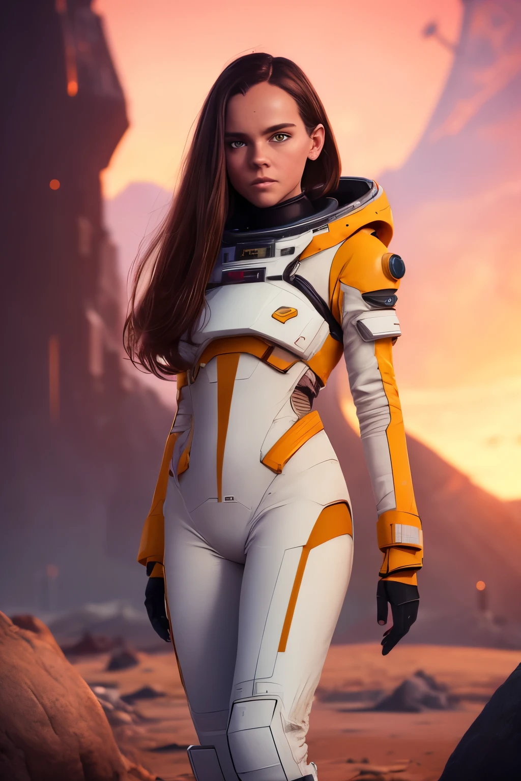 (, , Brown hair, photorealistic, pale skin), (yellow (eyes:1.2)), (slim build:1.3), (fantasy space suit), beautiful face, symmetrical face, greg rutkowski, Wlop and Sam Kuvshinov, (wide), blonde eyelashes, large iris, large pupil, whole body, medium breasts, small butt, cleft of venus, detailed pussy, clitoris, labia, nsfw, standing at the bottom of the cosmodrome, art station, 8k, Science fiction, pastel colours, accessories, panel, concept, futuristic, grumble, simon stalenhag, space, in outer space, a spaceship in the sky, technological blocks, intricatedetails