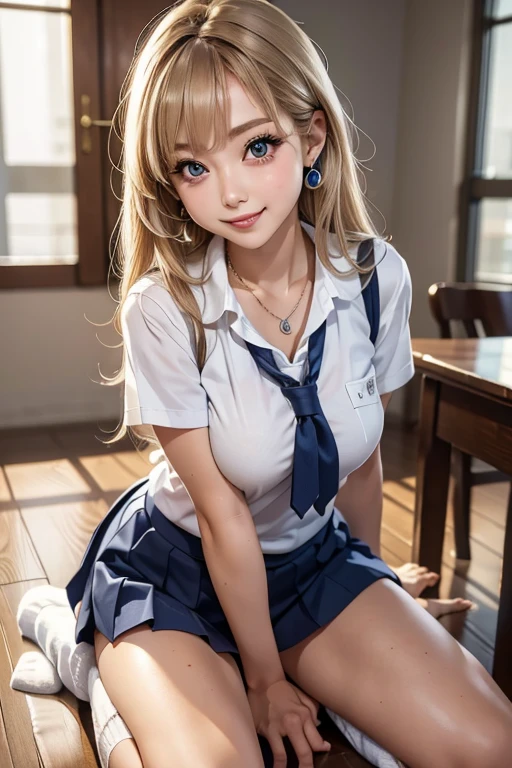 (Sitting on a chair in a school classroom)、(23Beautiful girl of years old),( Each person is seated)Blonde hair, Silver hair, Brown hair, Black hair, braid, Bangs, Blunt bangs, braided ponytails, hair over shoulder, Long hair, Ponytail, braided bun, hair one side up, Low ponytail, Hairpin, shairband, bow ribbon, hair scrunchie, white hairband, Head Leasing, aqua eyes, wide eyes, PUPILS SPARKLING, wide eyed, makeup, Open mouth, Smile, lightsmile, Parted lips, smiley, glint, Ashcan School, surrealism, One-person viewpoint, Sideways,( wide angles), F/1.8, 135 mm, canon, nffsw, retinas, masutepiece, ccurate, Anatomically correct, Textured skin, Super Detail, high details, High quality, Best Quality, hight resolution, (1080p), hard disk, 4K, 8K、(2People Girls)Short sleeve、White blouses、Dark blue edging、Collar shirt、Ribbon Ties、Knee-length skirt、Skirt with folds、Navy Inspire、Nauticle Color、(Japanese schoolgirl outfit)、Blazer style uniform、