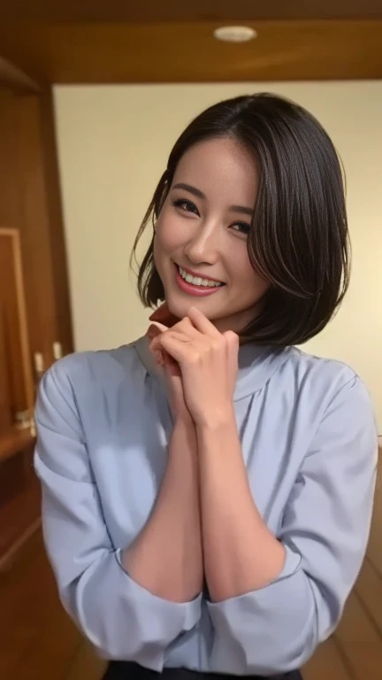 One Japan, petite physique, Ephemeral atmosphere, 50-year-old girl, Mature, with nasolabial fold, There are wrinkles at the corners of the eyes, Brown short bob hair, Smiling, Blue underwear on top and bottom, natural length arms, Photorealsitic, masutepiece, Best Quality, Detailed skin, Detailed eyes, ,8K, Good anatomy, Upper body portrait, 大きな胸, 