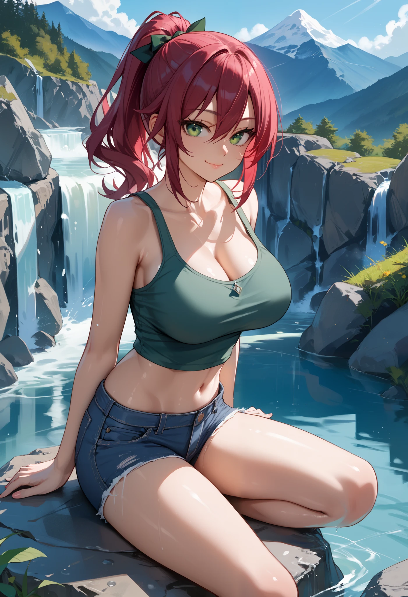 score_9_up, score_8_up, score_7_up, solo, source_anime, 1girl BREAK 

Red hair, ponytail, hair between eyes, large breasts, green eyes, emerald eyes BREAK 

Black tank top, navel, denim shorts BREAK 

Closed mouth, happy face, looking at viewer, sitting on rock, outdoors, mountains, waterfall, daytime BREAK  