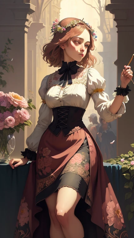  A Woman in a Skirt ， with flowers on his head ,  Jan J Detailed Painting ., Pixiv, [gothic art,  Exquisite Digital Illustration ,  Beautiful art illustration ,  Romantic Art Style ,  Alfonso ·Mucha and Roderus, Charlie Bott &#39;s style, Beautiful digital illustrations,  beautiful line art ,  Elegant Digital Painting ,  Delicate Fashion Illustration ,  Korean New Art Animation 