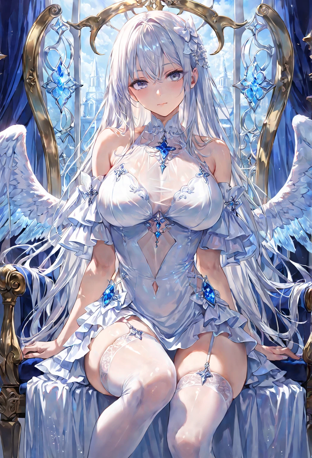 1 girl, solo, angel, full body.
Both arms behind her back.
White hair, very long hair, bangs.
Glossy skin, shiny skin, big breasts, thick thighs.
Grey eyes, crystal-like, gem-like, sparkling, starry eyes.
White dress with frills, bare shoulders, see-through fabric, detached wide sleeves.
White bow, gem accents, jewelry.
White thigh-highs with garter straps, white high heels. Sitting on a throne, leg crossed.
Slight superior smug face expression, calm, elegant, (close mouth).
Outdoor background, white-themed church, blue tones.
Hyper-detailed, ultra-realistic shadows and textures.
4K, 8K resolution, masterpiece, ultra-detailed portrait.
Super high quality, realistic anatomy, realistic details.
Perfect anatomy, perfect posture, perfect hands, perfect eyes.
Score_9, score_8_up, score_7_up.
Angelic and ethereal atmosphere, dominant white and blue tones.