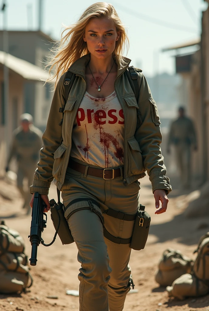cinematic film still <lora:quiron_StacySilver_v1_Lora:0.57> StacySilverQuiron woman, a 24 years old woman, blonde hair, (masterpiece photography,realistic, extreme detailed,The golden ratio) A woman in a red dress standing on battlefield,Explosion in the distance, fire, smoke, debris flying,Surrounded by war-destroy houses,dilapidated walls,Dry and rotten weeds grow all over the roadside, desolate and lonely atmosphere,visual impact,Shock, under the setting sun.Medium shot,by Manny Librodo,Carolyn Cole . shallow depth of field, vignette, highly detailed, high budget Hollywood movie, bokeh, cinemascope, moody, epic, gorgeous, film grain, grainy, realistic, a woman Parkour or free running wearing Wrap blouse and High-waisted pants: Pants designed to sit above the natural waistline.,