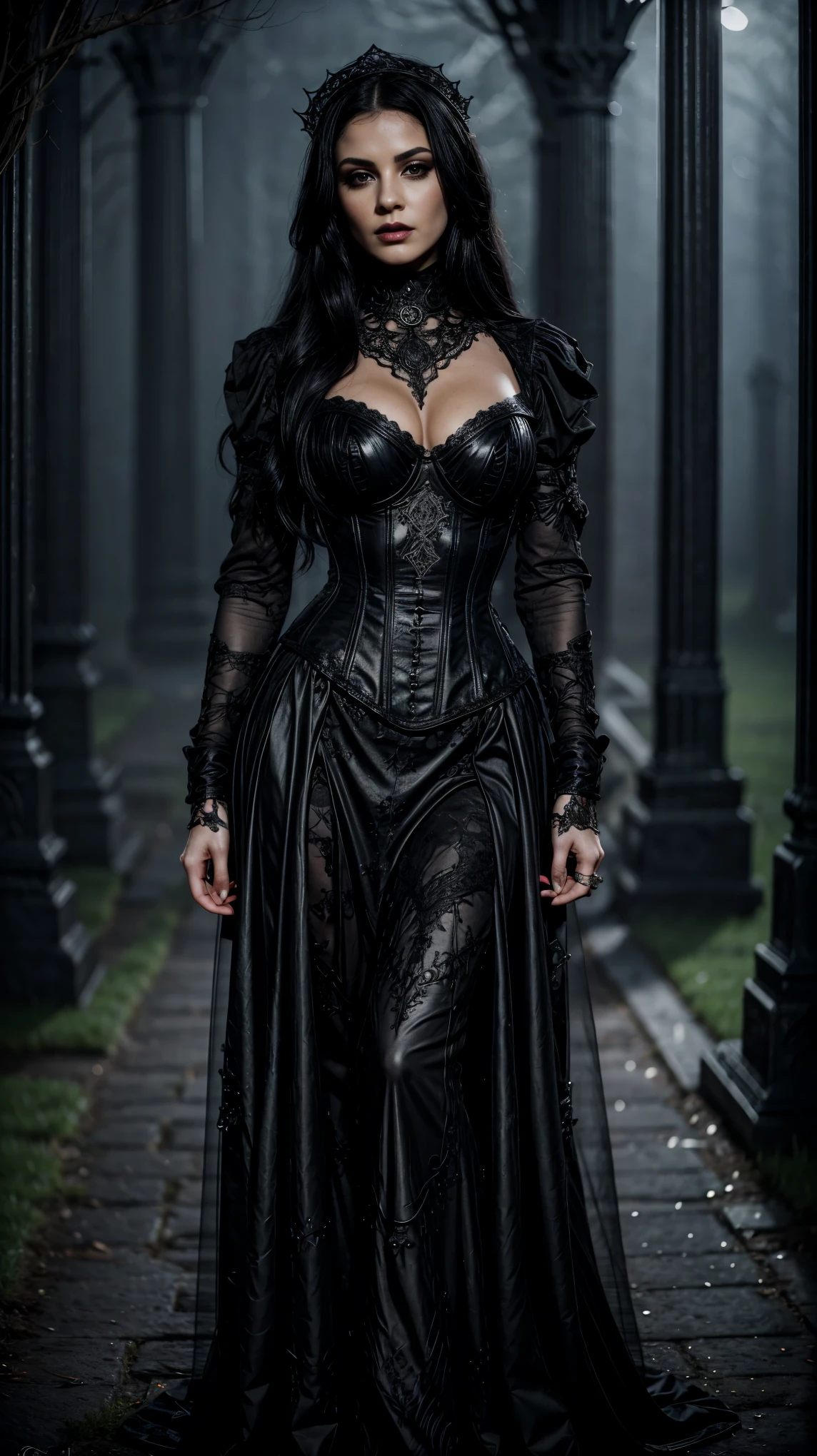 Highly detailed, photorealistic, beautiful goth female, long flowing black hair, dark goth makeup and lipstick, mysterious inviting eyes, intricate carved corset, choker, long black dress, boots. Standing in a dimly lit, gothic-style cemetery, surrounded by ancient tombstones, twisted trees, and a faint mist illuminated by soft moonlight. The atmosphere is eerie yet elegant, with a faint glow highlighting her striking features.