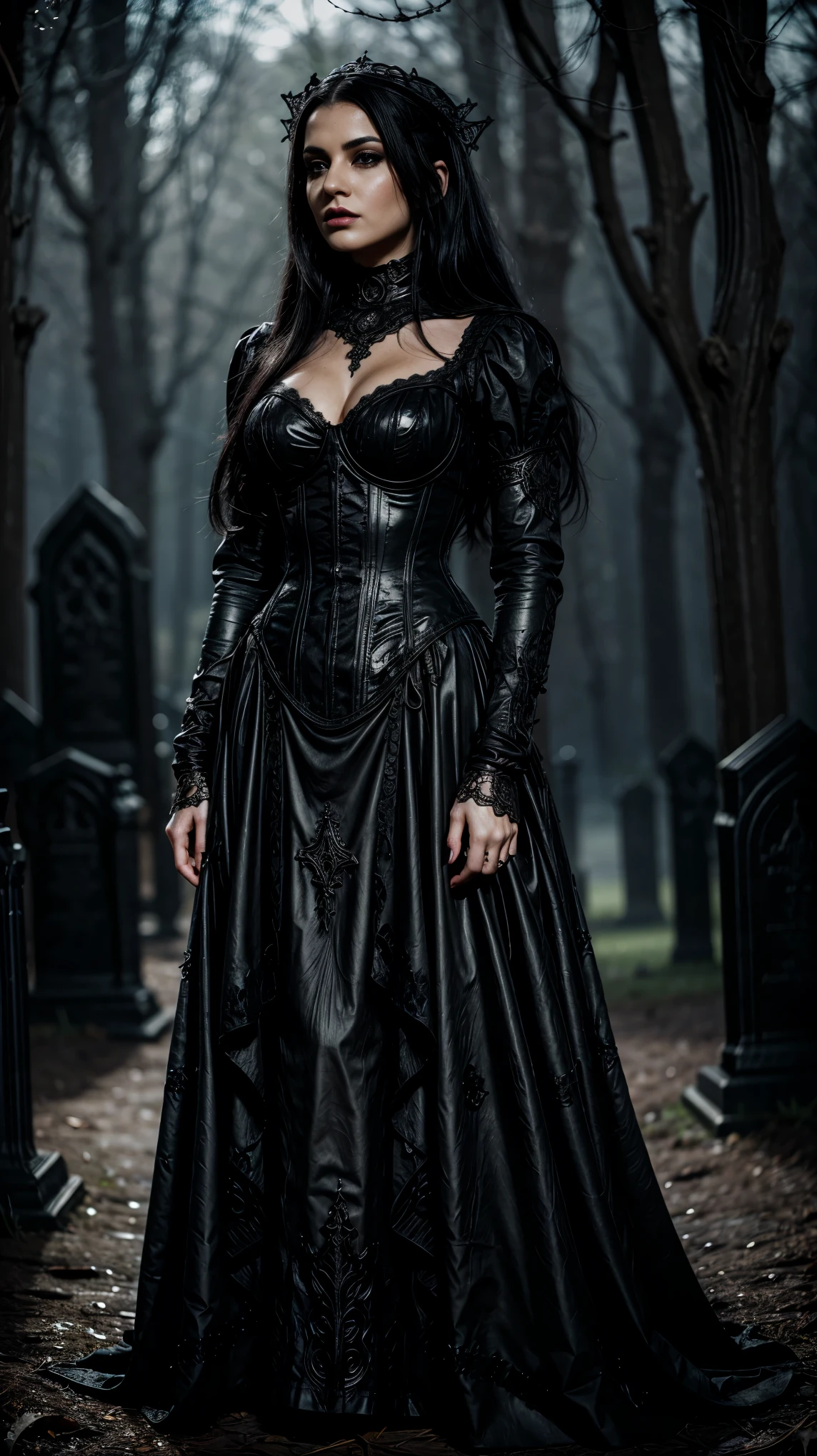 Highly detailed, photorealistic, beautiful goth female, long flowing black hair, dark goth makeup and lipstick, mysterious inviting eyes, intricate carved corset, choker, long black dress, boots. Standing in a dimly lit, gothic-style cemetery, surrounded by ancient tombstones, twisted trees, and a faint mist illuminated by soft moonlight. The atmosphere is eerie yet elegant, with a faint glow highlighting her striking features.