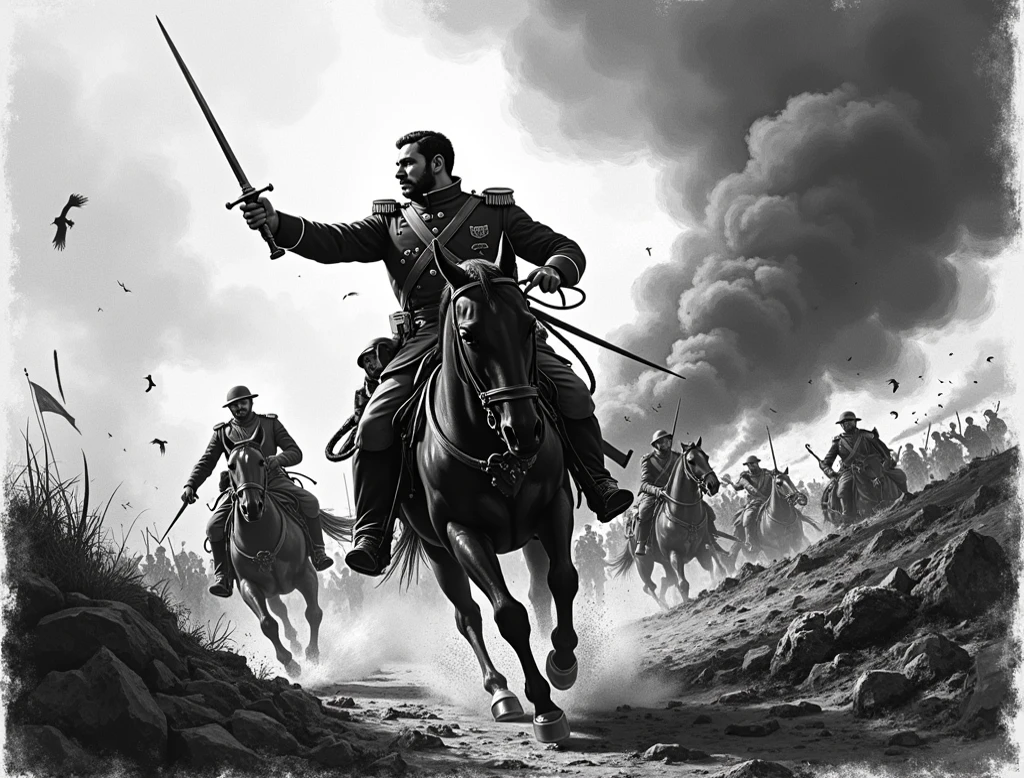 (Teddy Roosevelt)+ charging in a (medieval battle)+, detailed, cinematic lighting, wallpaper, epic composition, cavalry charge, medieval soldiers, banner flags, digital painting