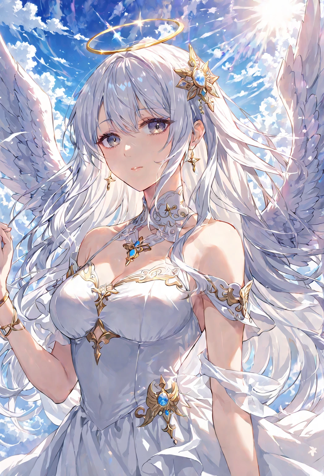 solo, angel, ((mature woman)), white hair, grey eyes, white theme dress, celestia, heaven, sky