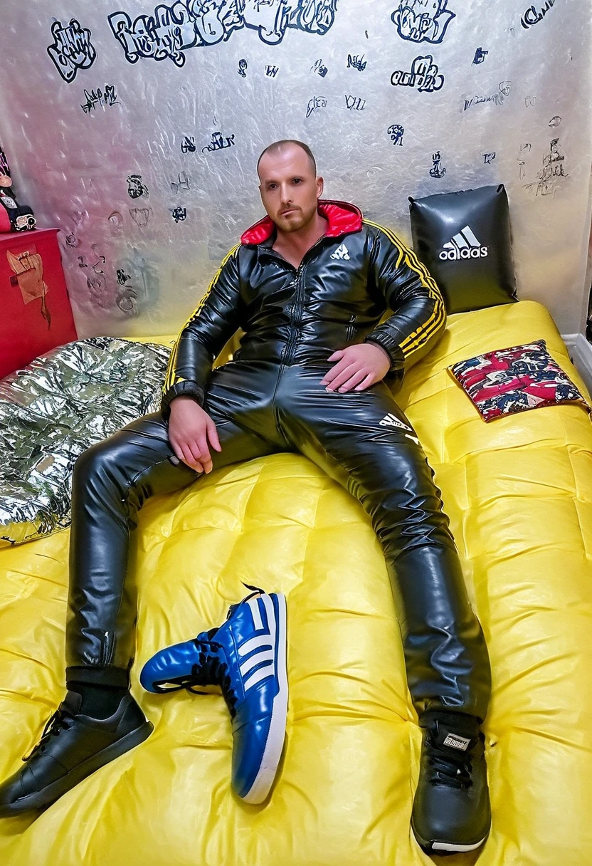 Graffiti urban style, portrait of medium body of group 2:chav guys handsome of 30 year old, muscular and athletic, lying face up on a bed with a shiny black latex puffer quilt+, in a room with sneakers placed on a shelf in the background and urban posters+, posters with graffiti in the background, bed padded with a very fluffy black latex puffer quilt:1.7 ++, with beard, full blue elecetric leather cap "adidas" in yellow shiny latex tracksuit with three red stripes on the sides++, ((low angle)), legs apart, dynamic pose, wearing a super inflated huge shiny black puffer jacket "Adidas",Extremely Realistic,depth of field:1.4, adidas tracksuit,