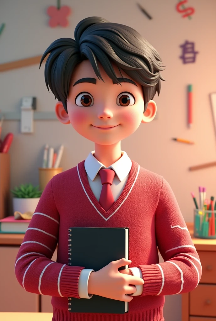  3d image of a cheerful 14-year-old male student wearing a sweater in a uniform cherry color 
with white lines,  white shirt , cherry tie and grabbed short hair notebooks color black 