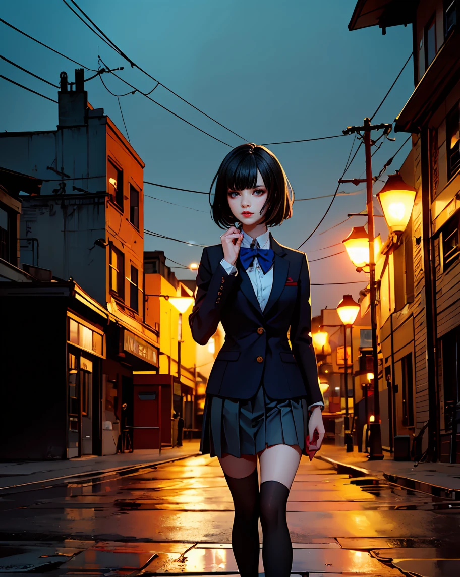 A stunning digital illustration of Jenny, a -yeld hischool girl, standing confidently under a dimly glowing streetlight on a quiet New York street at night. Jenny has short, pixie-cut black hair, striking blue eyes, and bold red lips. She wears a stylish black and red school uniform with a pleated skirt, fitted blazer, and knee-high socks, exuding a mix of youthful charm and mystery. Beside her floats a glowing white skull surrounded by an eerie green aura, casting a faint spectral light on her face and the surrounding area. The backdrop features urban details like wet pavement reflecting the streetlight’s glow, shadowy buildings, and hints of graffiti. The atmosphere is both cinematic and slightly supernatural, blending realism with eerie fantasy elements. Rendered in ultra-detailed, high-definition quality with dramatic lighting and moody tones.