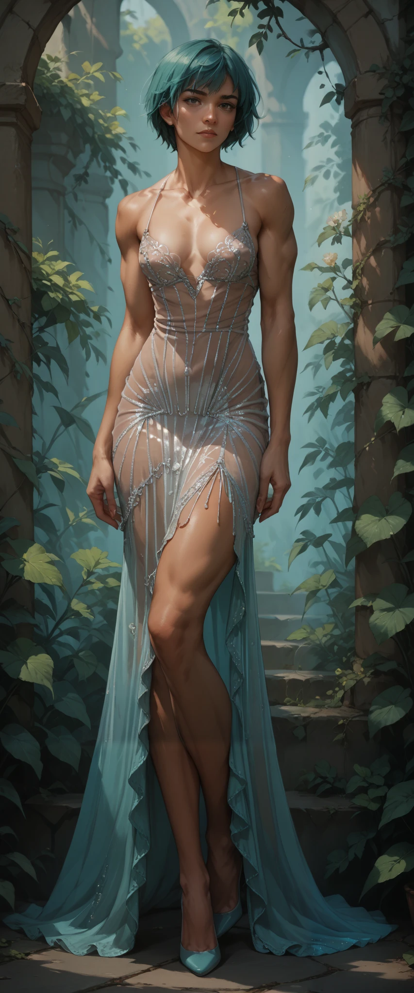 score_9, score_8_up, score_7_up, source_anime, 16k, high detailed picture, tall graceful figure a young girl, AniPnyXLQual, YR_GradLight, DynaPortrait_PDXL, zPDXL2, glass heels, crystaldress, Attire, dress, bare shoulders, lingerie, see-through, collarbone, thighs, sei asagiri, short hair, flat breasts, muscle girl, shy