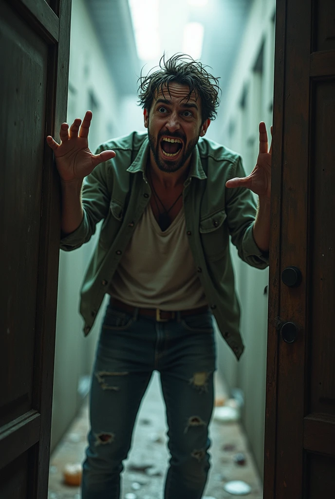 handsome and sexy laughing in a mental asylum with a long white straitjacket for the insane