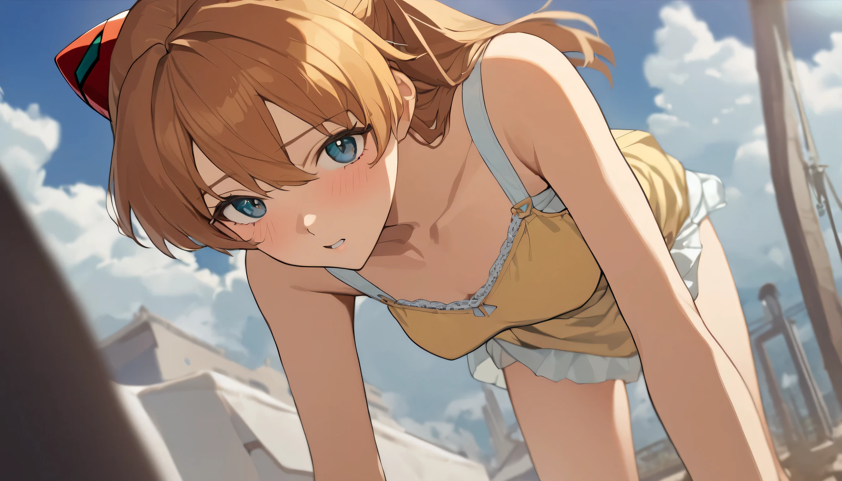 1girl,1man,sex,ass,souryuu_asuka_langley, neon_genesis_evangelion, best quality, masterpiece,  sun dress, null, yellow_ dress, day, cloud, Depth_of_Field, green_null, Wide Eyes,dress,  interface_ headset , Blur, chest,white  panties,looking at viewers 