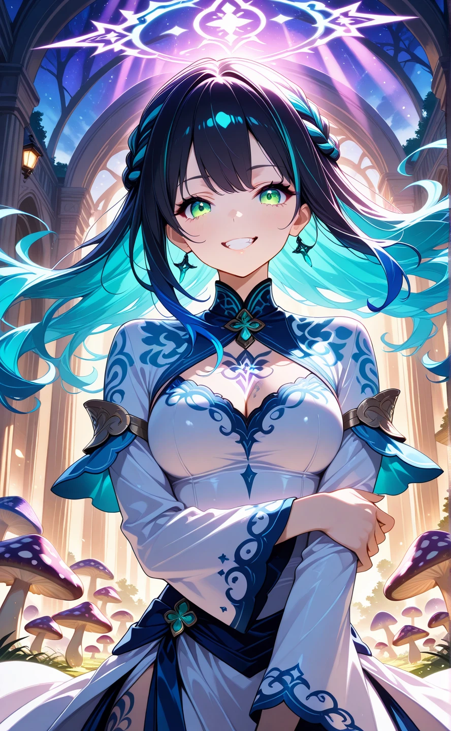 1girl,solo,black_hair,blue_hair,multicolor_hair, detached_sleeve, green_eyes, eyelashes, crossed_arm, hair_accessories,french_braids, stylish_hair, teeth, evil_smile, long hair, floating_hair, tattoo_on_body, breasts, small_mushrooms, many_mushrooms, giant mushrooms, purple_theme, button, highlight, low lighting, warm_lighting, white_sleeves,intricate_details, (bioluminescent colors : 1.2), (bright lighting), (atmospheric lighting), surrealist, dreamy, looking at viewer,upper_body, medium_shot,( very aesthetic, absurdres, best quality, ultra_detailed, newest),style_ethereal_fantasy, 