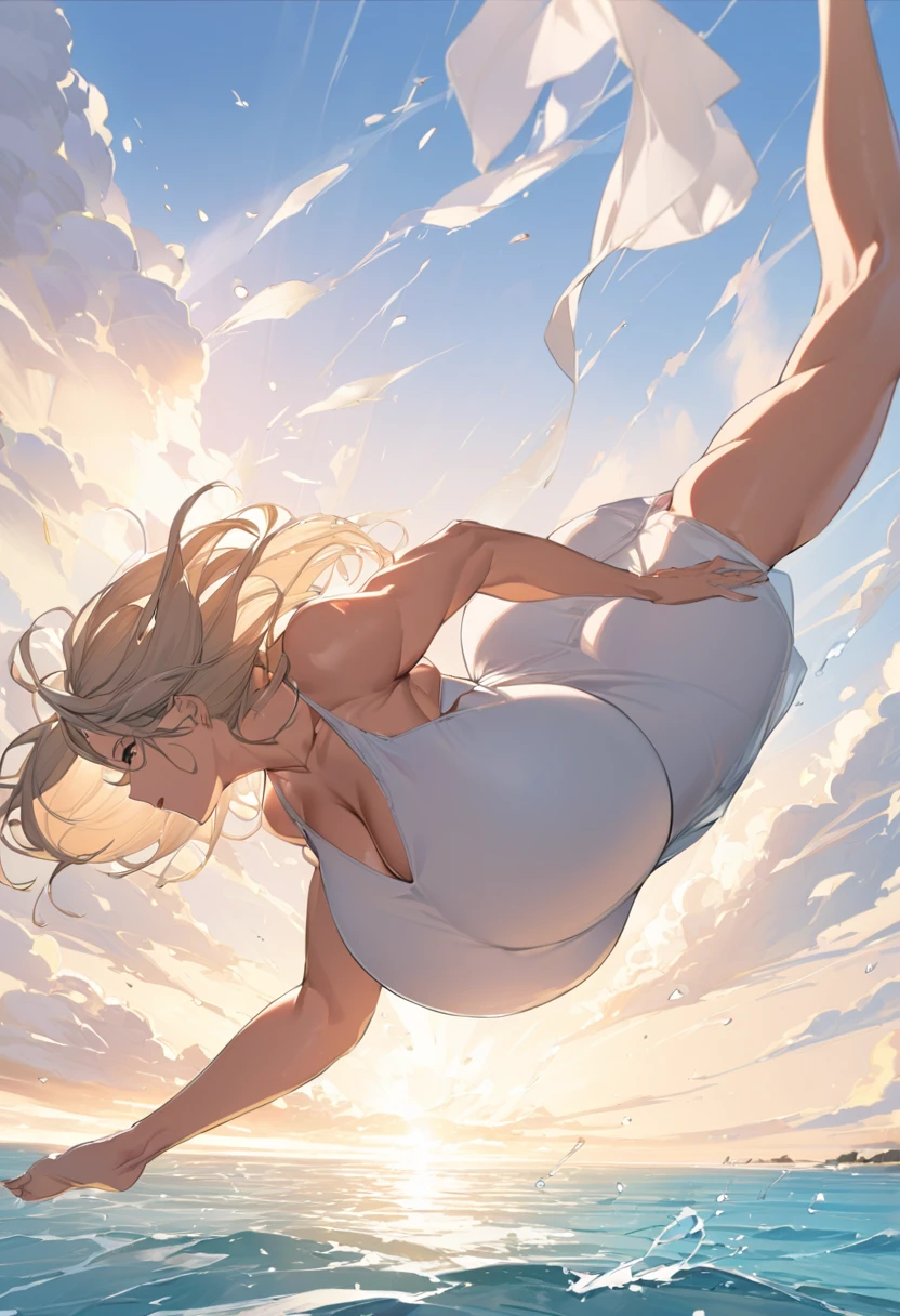 masterpiece, highest quality, sour, Grey sweater, Black leotard, Spin around, spin, Blonde Hair, Superhero, boots, tornado, Circlingwind, alone, barefoot, Circling, Wind effects, spinning into a tornado, fast spin, stand, time travel, Travel through time, High leg, Perfect hands, Perfect Fingers, High leg leotard, Power ups, tornado swirls