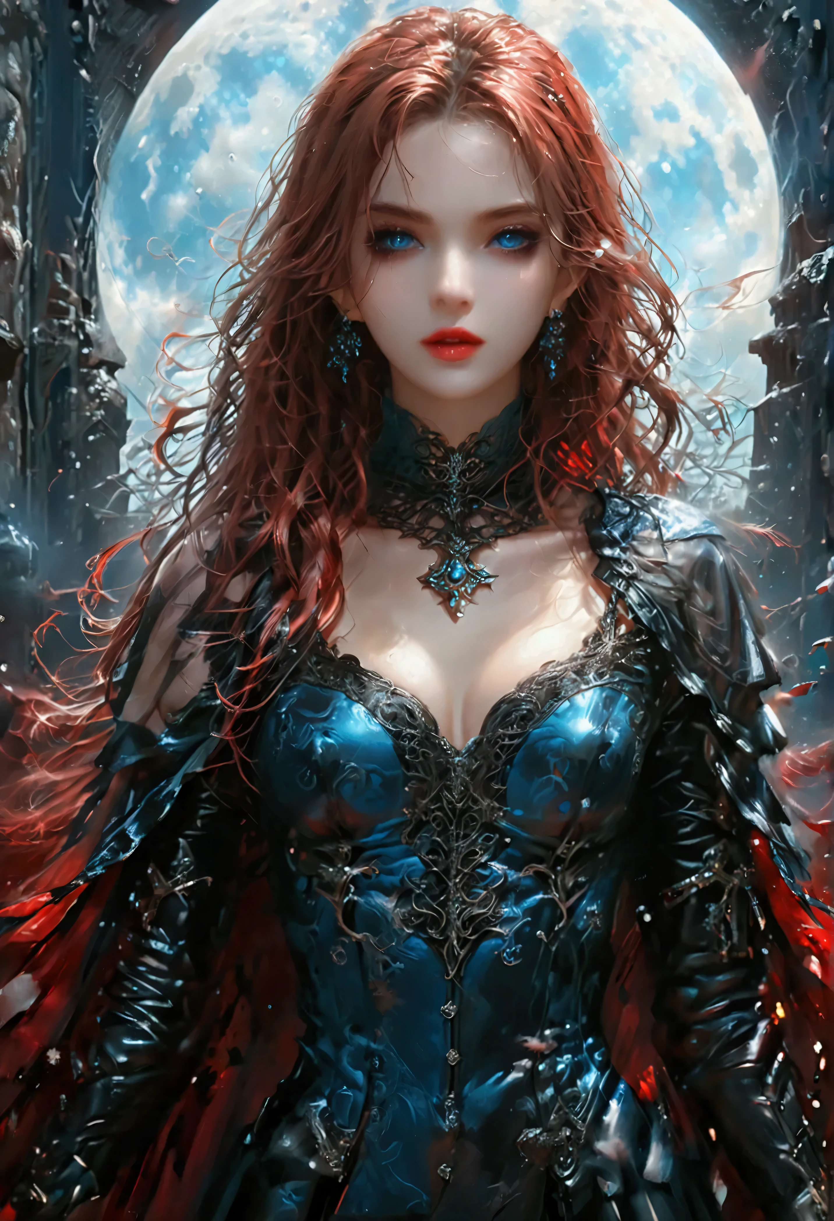 anime comic illustration fantasy art, gothic art, (masterpiece:1.5), full body best details, highly detailed, best quality, Glowing Red, highres, full body portrait of a vampire, elf (Masterpiece, best quality: 1.6), ultra feminine, wizard, (intricate details, Masterpiece, best quality: 1.5) with a long curvy hair, light color hair, red eyes, busty, ((beautiful delicate face)), Ultra Detailed Face (intricate details, fantasy art, Masterpiece, best quality: 1.5), ((vampiric fangs 1.5)) (blue cloak: 1.3) , flowing cloak (intricate details, fantasy art, Masterpiece, best quality: 1.3), wearing an intricate (black: 1.4) intricate leather dress (intricate details, fantasy art, Masterpiece, best quality: 1.5), high heeled boots, fantasy urban background (intense details, beat details), fantasy, at night light, natural ,moon light, clouds, gothic atmosphere, soft light, dynamic light, [[anatomically correct]], high details, best quality, 8k, [ultra detailed], masterpiece, best quality, (extremely detailed), dynamic angle, Intense gaze, NRART