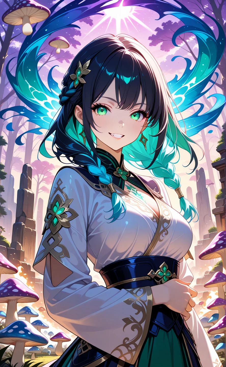 1girl,solo,black_hair,blue_hair,multicolor_hair, detached_sleeve, green_eyes, eyelashes, crossed_arm, hair_accessories,french_braids, stylish_hair, teeth, evil_smile, long hair, floating_hair, tattoo_on_body, breasts, small_mushrooms, many_mushrooms, giant mushrooms, skirt,purple_theme, button, highlight, low lighting, warm_lighting, white_sleeves,intricate_details, (bioluminescent colors : 1.2), (bright lighting), (atmospheric lighting), surrealist, dreamy, looking at viewer,upper_body, medium_shot,( very aesthetic, absurdres, best quality, ultra_detailed, newest),style_ethereal_fantasy, 