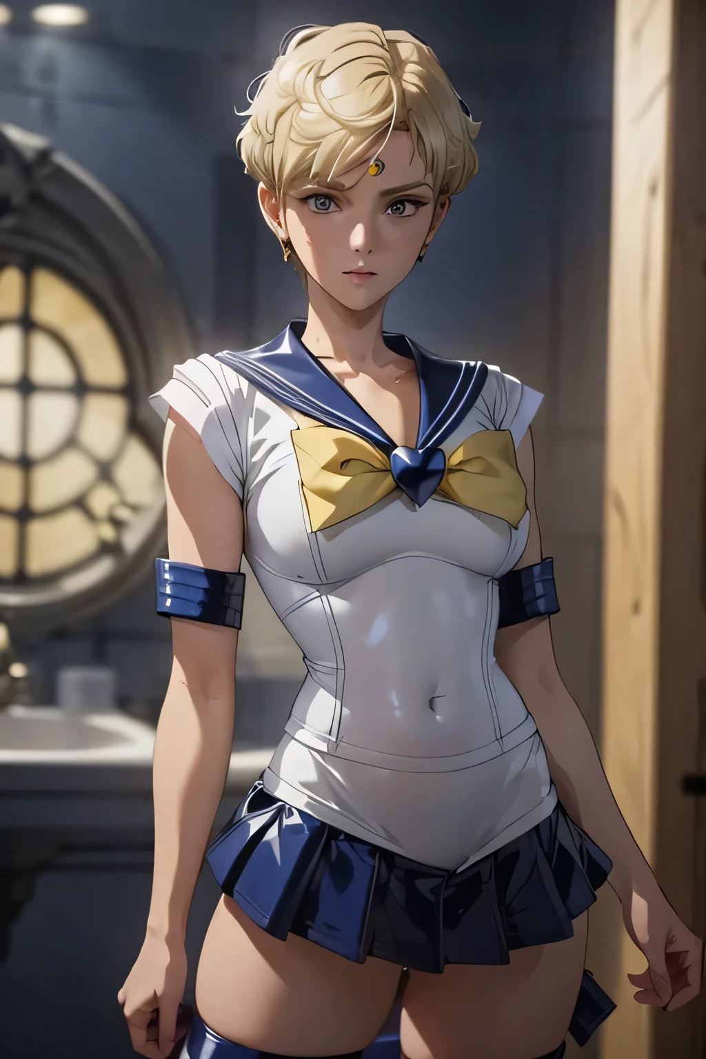 perfect anatomy best quality, highest resolution,(((Latex sailor suit latex blue miniskirt Blonde short hair sweat))) Sailor Uranus