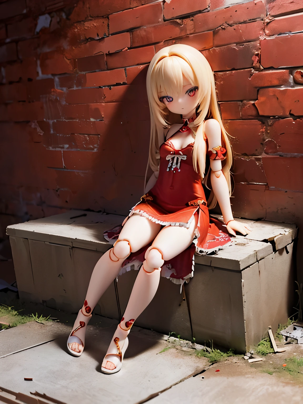 masterpiece, Highest quality, Unreal Engine, Super Resolution, Very detailed, Complex, colorful, Clear images, Sharp focus, Digital Blending, A doll, a female doll, blonde hair, long hair, a pretty face, (in abandoned house: 1.4), (a sexy red dress: 1.4), 1girl, (sitting: 1.4), (lean on a wall: 1.4), empty gaze, (full body: 1.4),