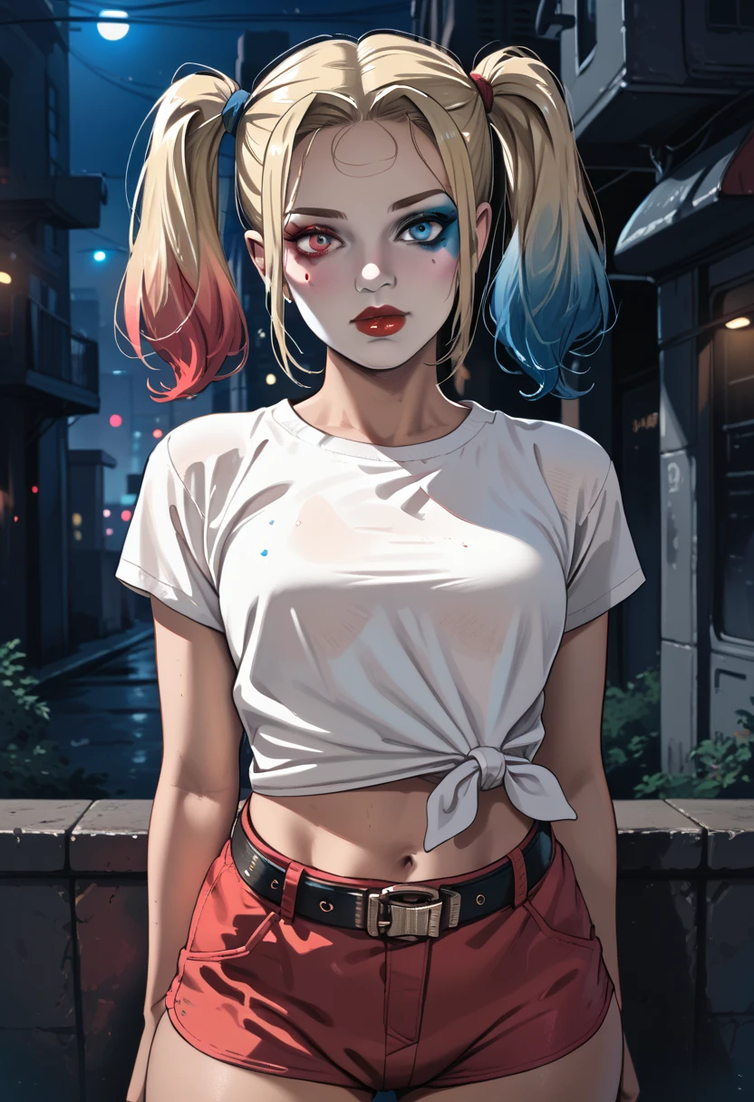 score_9, score_8_up, score_7_up, score_6_up,  BREAK 1girl, Harley Quinn, blue eyes, blonde hair, twintails, red lips, white shirt, tied shirt, sleeveless, red shorts, belt, midriff, looking at the viewer BREAK outdoors, cinematic lighting, volumetric lighting, futuristic city, night, dark, pink lighting, blue lighting, moody, OverallDetail,