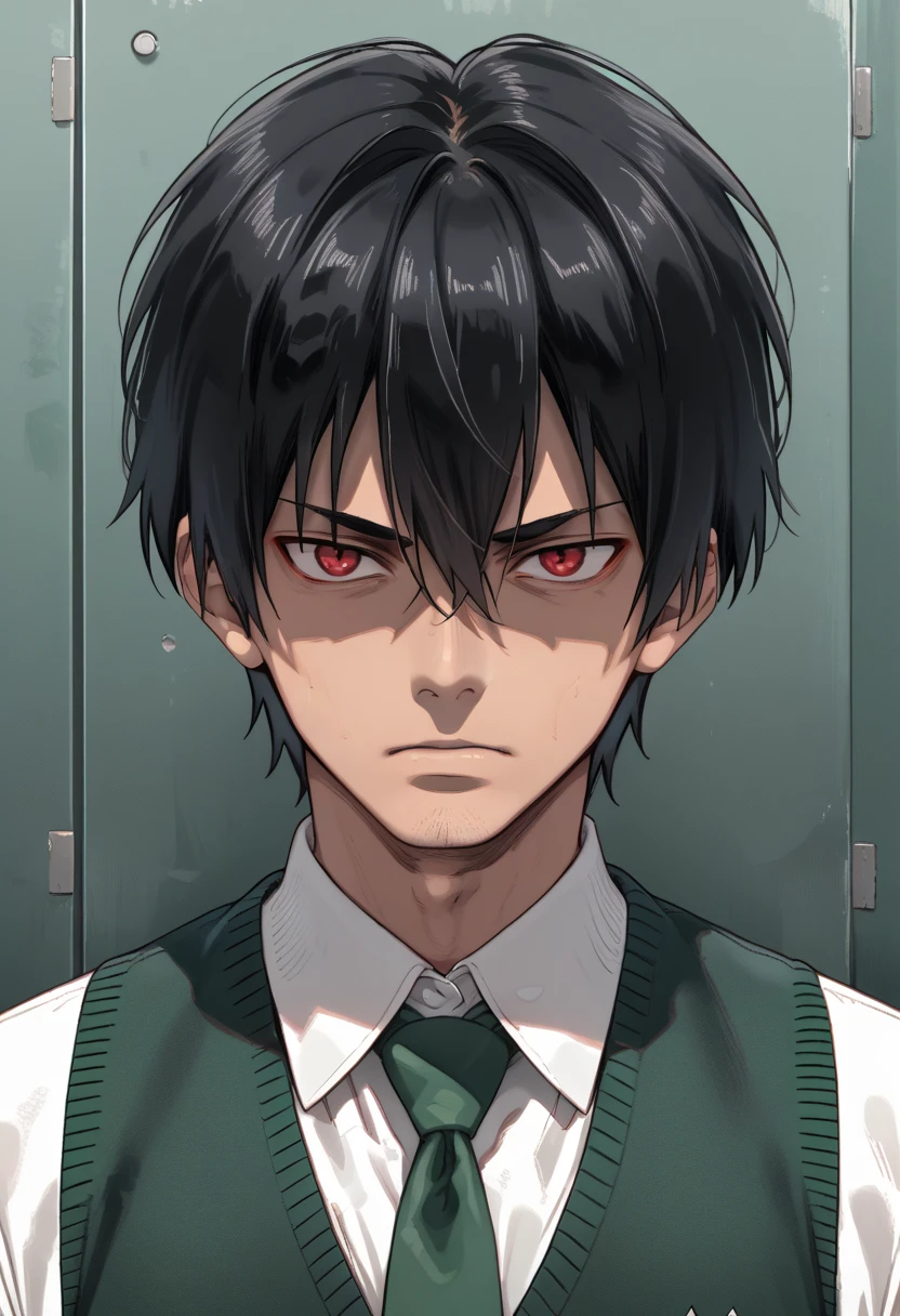 score_9, score_7_up, source_anime 
gekkou, 1boy, male focus, solo, red eyes, black hair, hair between eyes, school uniform, shirt, white shirt, collared shirt, necktie, green necktie, sweater vest, shaded face, evil,
indoor,