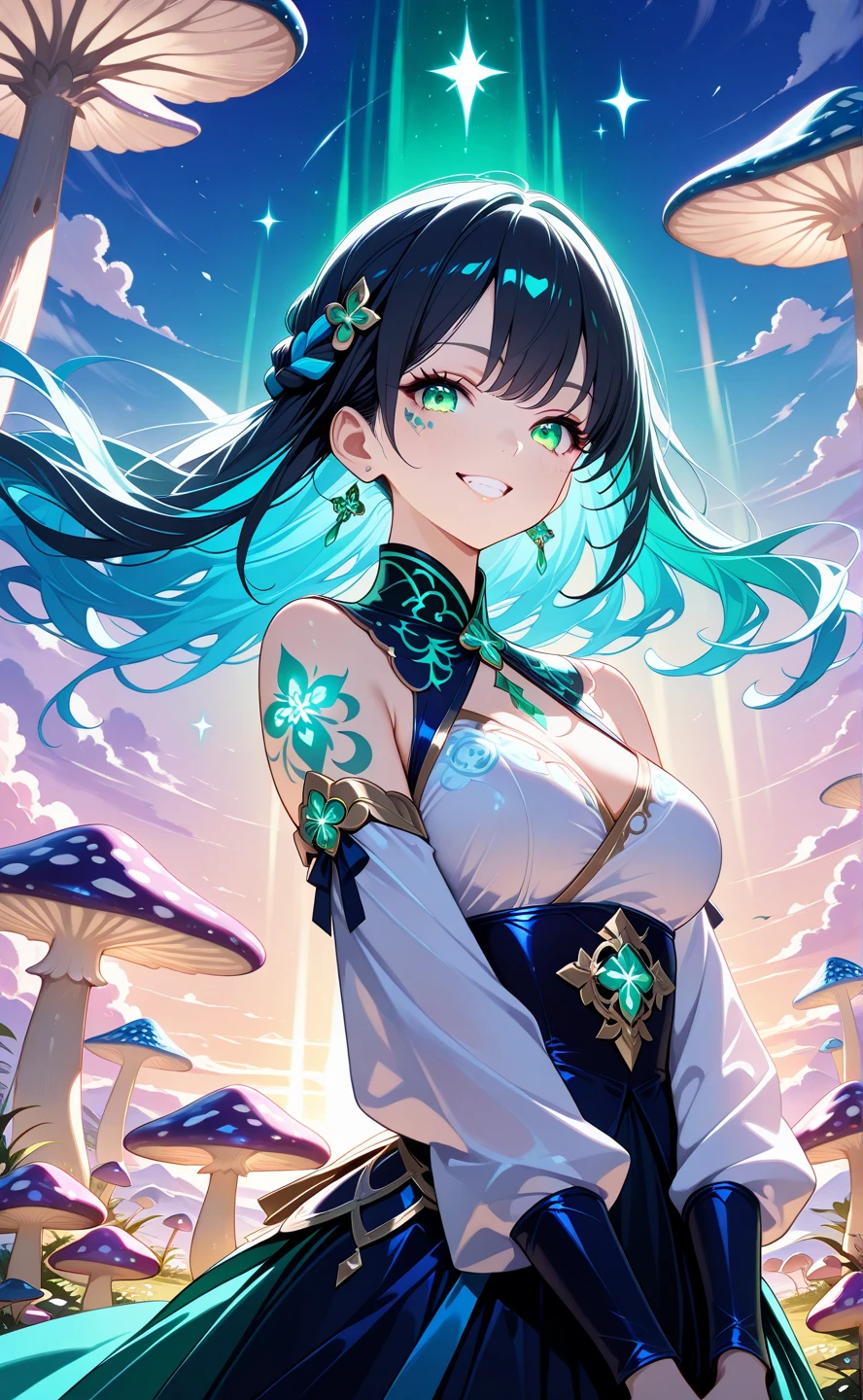 1girl,solo,black_hair,blue_hair,multicolor_hair, detached_sleeve, green_eyes, eyelashes, crossed_arm, hair_accessories,french_braids, stylish_hair, teeth, evil_smile, long hair, floating_hair, tattoo_on_body, breasts, small_mushrooms, many_mushrooms, giant mushrooms, skirt,purple_theme, button, highlight, low lighting, warm_lighting, white_sleeves,intricate_details, (bioluminescent colors : 1.2), (bright lighting), (atmospheric lighting), surrealist, dreamy, looking at viewer,upper_body, medium_shot,( very aesthetic, absurdres, best quality, ultra_detailed, newest),style_ethereal_fantasy, 