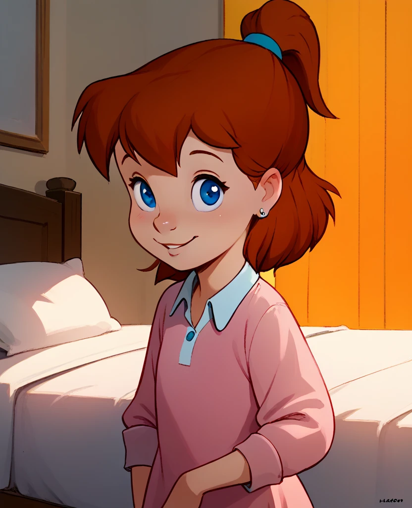 score_8, score_9, jenny, 1 girl, solo, brown hair, ponytail, blue eyes, earrings, standing, in bedroom, smile, pink pajamas dress,