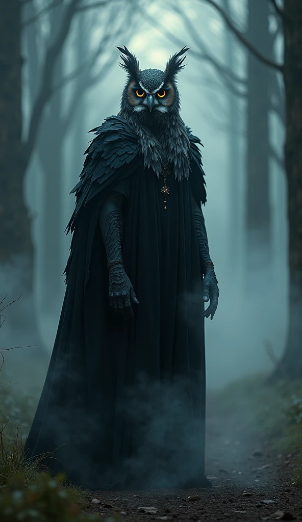 waist up, too old, half of face deformed and melted, high, two meters, black aura, scary, dirty, beggar, short gray hair, pale and wrinkled skin, thin BarBa, yellowish pupils, slouched posture, penetrating and evil, torn clothes, cloak of raven feathers on the back, body covered with bands and hood, fog, horror, fear, alarming, suspended, mysterious