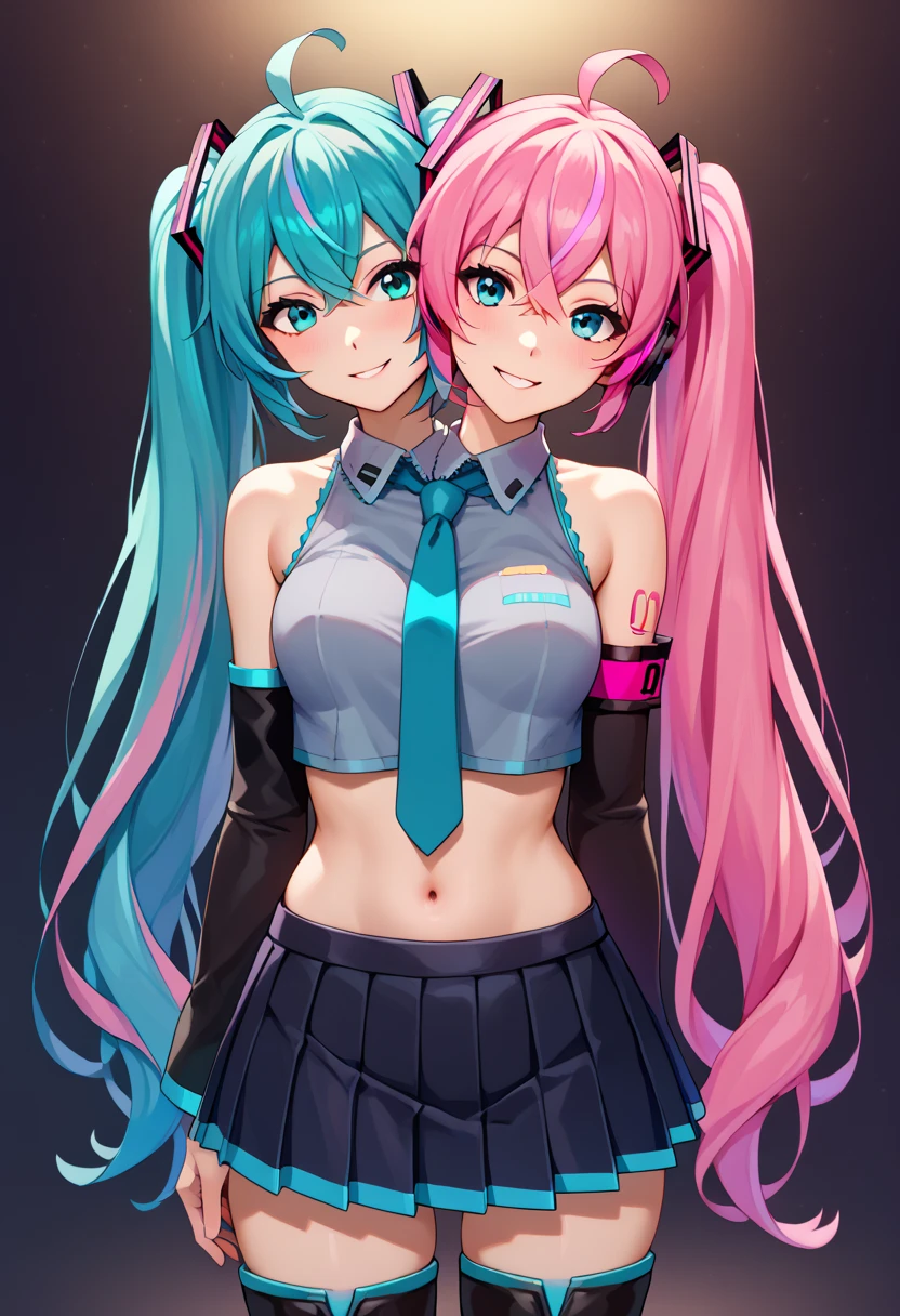 score_9_up, score_8_up, score_7_up,score_6_up, score_5_up, score_4_up , 1girl, solo, twoheads, 2heads, conjoined, ((2 different hairstyles)), ((SPLIT-COLOR HAIR)), ((aqua hair)), ((pink hair)), miku hatsune, ahoge, aqua eyes, aqua hair, crossed bangs, hair between eyes, hair ornament, headphones, long hair, twintails,
aqua necktie, black footwear, black skirt, black sleeves, boots, collared shirt, detached sleeves, grey shirt, necktie, pleated skirt, shirt, skirt, sleeveless, sleeveless shirt, thigh boots, tie clip, luka megurine, blue eyes, headphones, long hair, pink hair,
arm warmers, armband, bare shoulders, black shirt, black skirt, crop top, midriff, navel, shirt, shoulder tattoo, single arm warmer, skirt, tattoo, flirting, cowboy shot, bedroom background