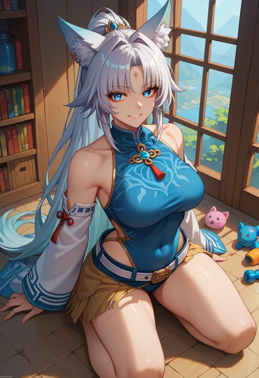 sEssential_9,sEssential_8_above,Essential_7_above,  feixiao-hsr  , 1 ,  animal ears , Alone,  looking at the viewer , shezfe , blue eyes, breasts, fox ears,  long hair, smile, jewelry, toys, Animal ear fluff, covered navel , belt,  ponytail, fringe, seductive,, realistic, highly detailed face, detailed eyes, best quality, masterpiece, ultra detail, ultra high res, extreme detail, 8k, UHD, voluptuous, curvy, thick thighs,  front, full body