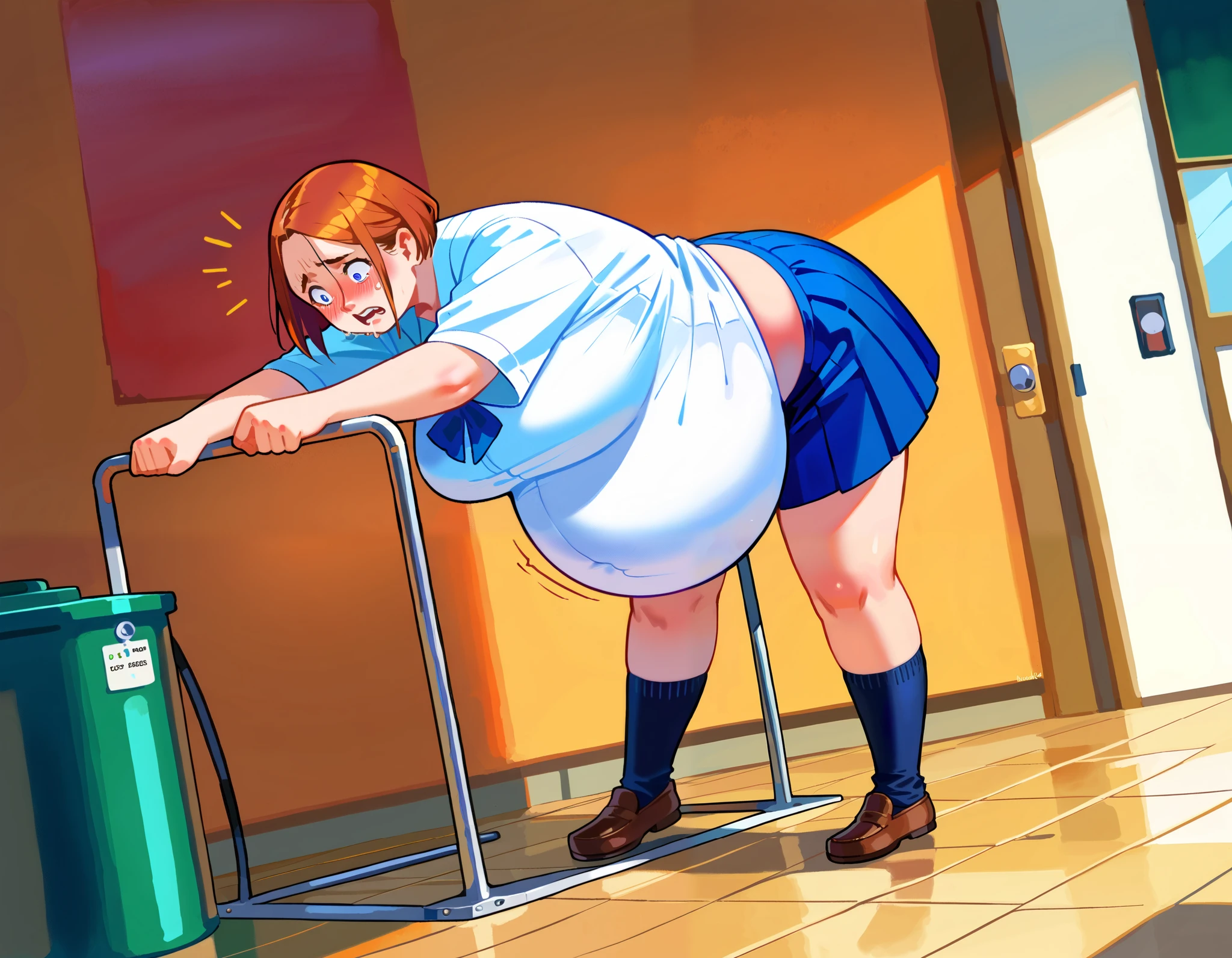 2girls, masterpiece, One preppy high school woman, wearing an english school uniform, (bent over:1.1), scared, (becoming inflated:1.2), swelling belly, swelling breasts, swelling arms, ((growing taller)), , off balance () ((:1.2)), (stylistic:1.3), (dynamic angle) (a woman with an airtank inflates the poor girl), (streched clothes), (art by norman rockwell)