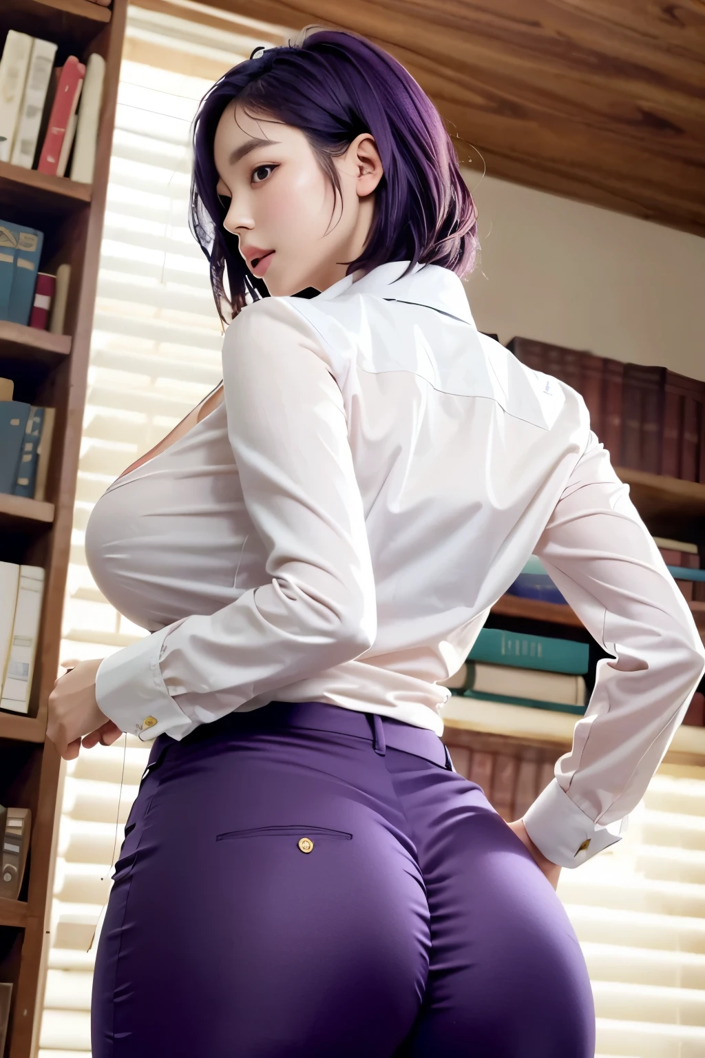 Kim Mi-Jung, nail polish, purple hair, collared shirt, lips,library 1girl, bag, cleavage, solo, blinds, purple eyes, shirt, huge breasts, upper body, white shirt, large breasts, mature female, short hair, satin trouser, erect, emerge streak, protruding ass, cowboy shot from below, in detailed library, wide hips, satin pant, emphasize ass