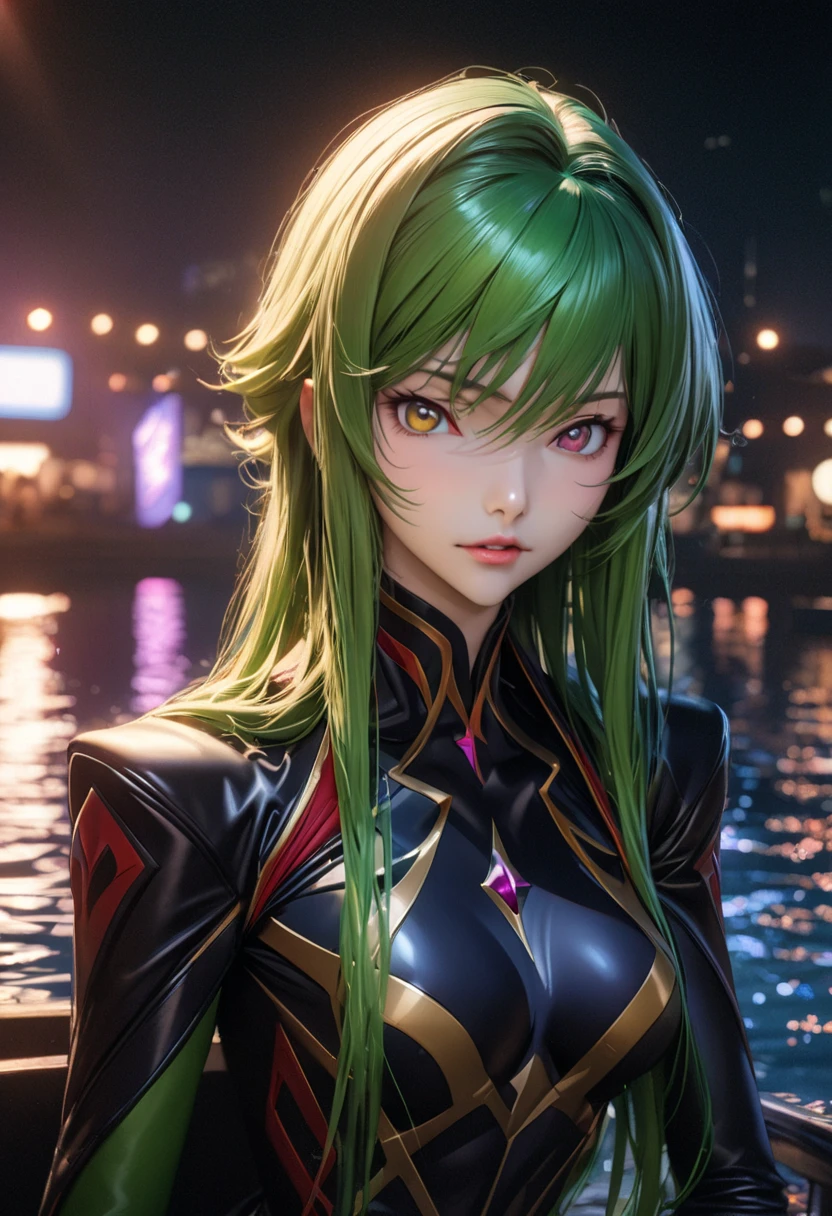 Green hair, close face shot, glowing eyes, beautiful, city night scenery, seductively, seductive smile, huge breasts, red clothes, jewelry, beautiful,