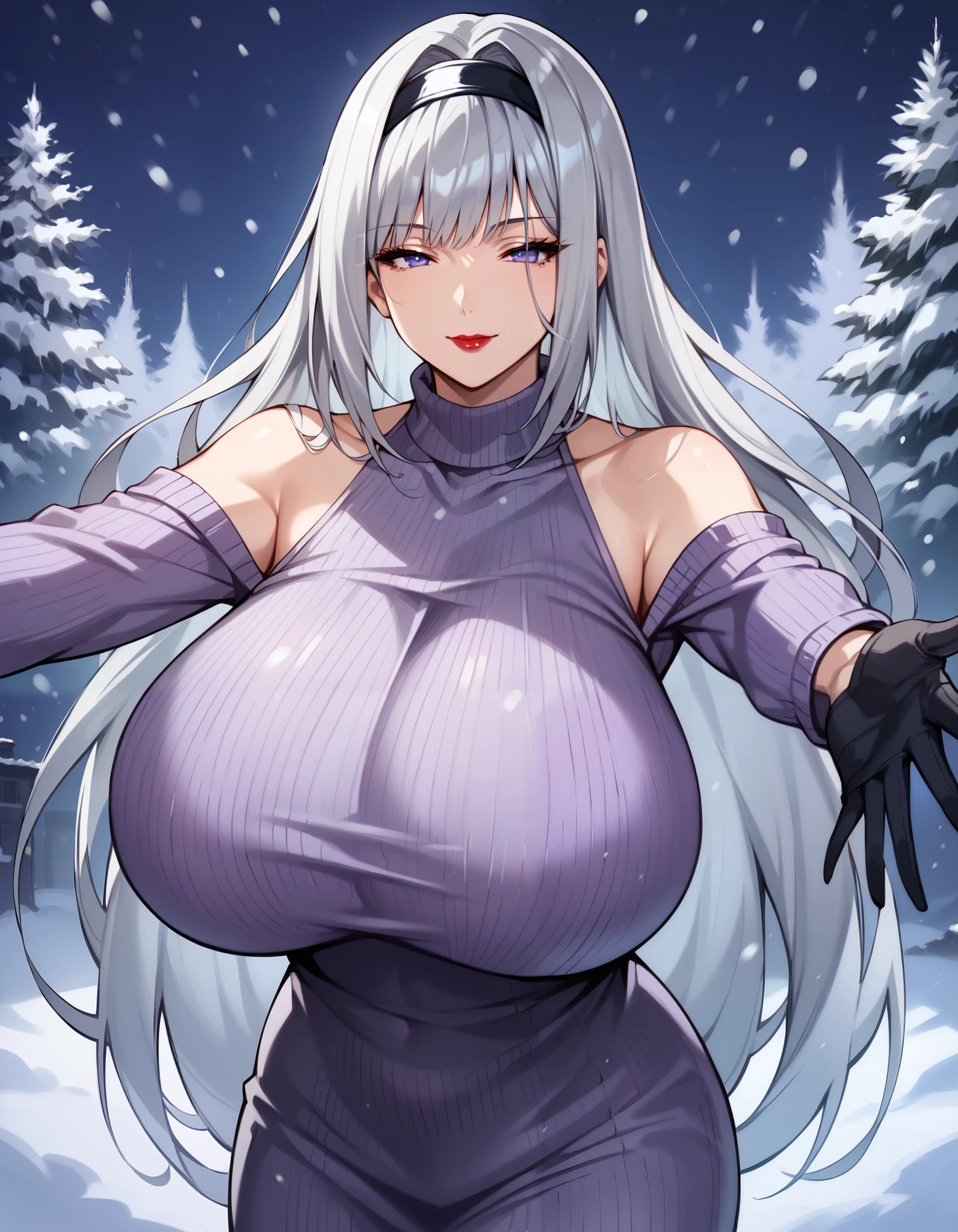 score_9, score_8_up, score_7_up, 1girl, milf, solo, ethel, (huge breasts:1.3), (((silver hair), very long hair, bangs, long sidelocks, purple eyes, half-closed eyes)), red lips, ((hairband, bare shoulders, purple sweater, turtleneck sweater, long sleeves, sweater dress, black gloves)), ((light smile), closed mouth), ((looking at viewer, beckoning, outstretched arms, winter, snowing, night))