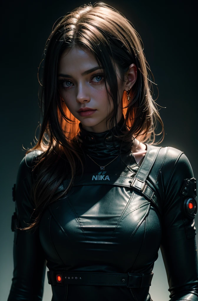 Beautiful girl in cyberpunk scene with medium breasts, long hair, (see-through, lower breasts), visible from dress, upper-body, portrait