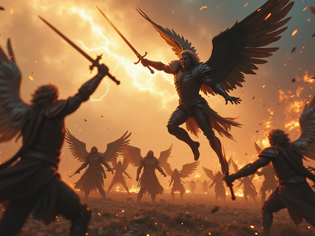 Beautiful angels fighting demons