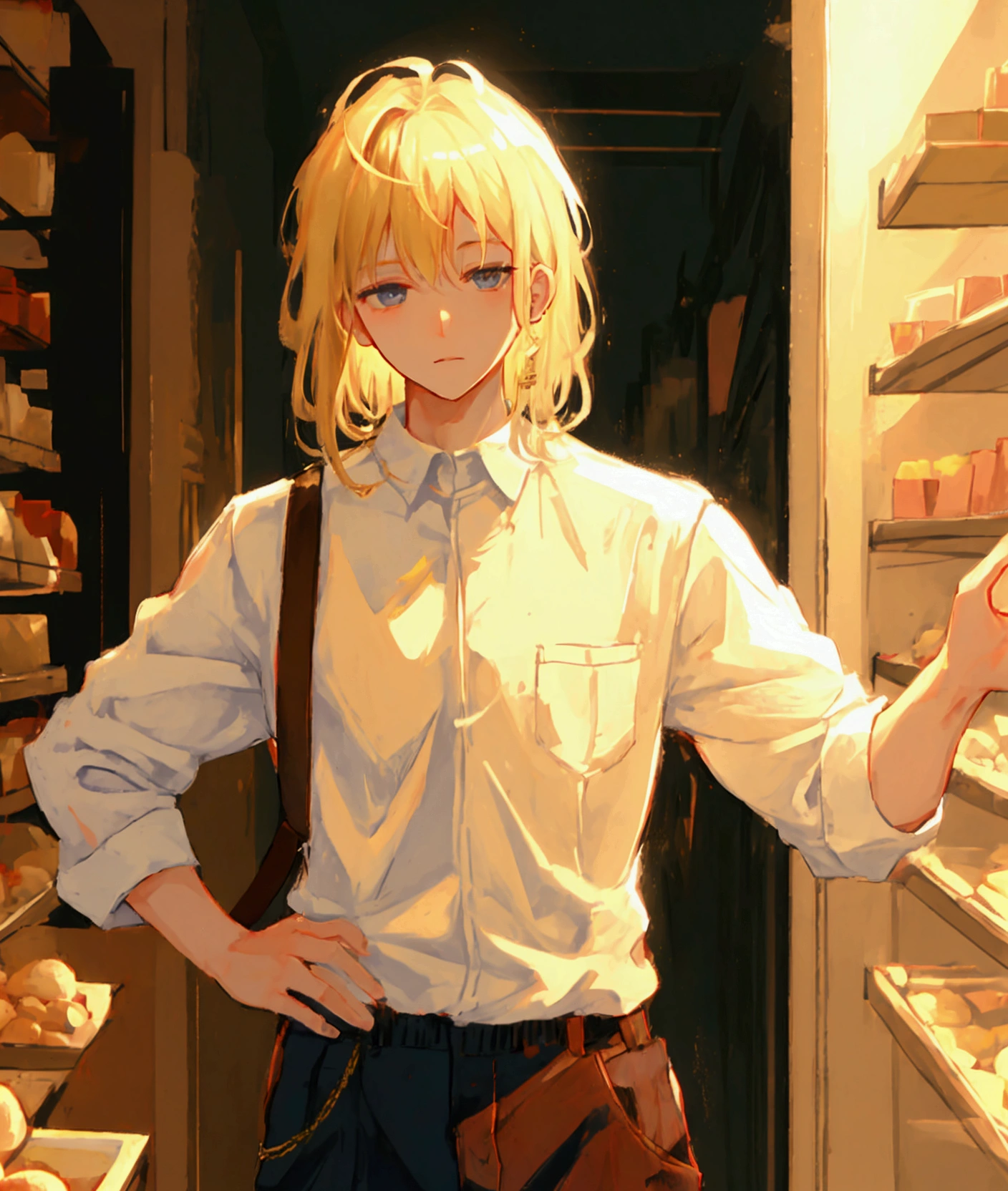 boy, blond,  medium length hair , white shirt tucked into pants 