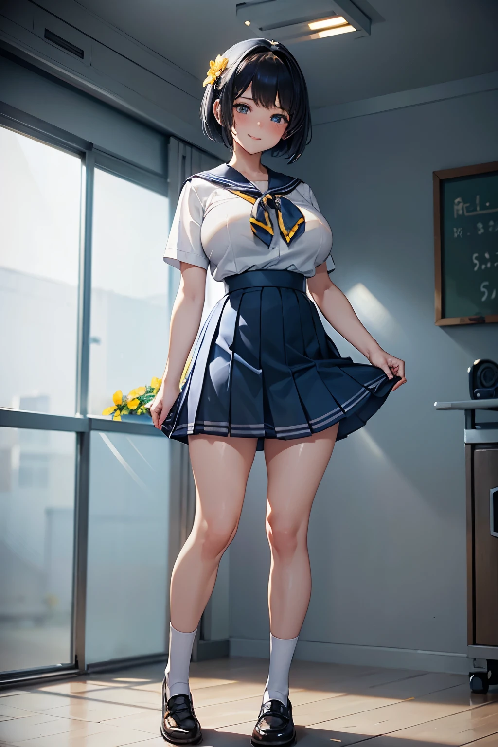 1girl, solo, looking at viewer, full body shot, full body focus, blush, smile, short hair, blue eyes, black hair, short sleeves, hair between eyes, closed mouth, school uniform, white shirt, pleated skirt, shoes, sailor dress, blue skirt, brown footwear, black socks, standing on one leg, white sailor collar, loafers, , yellow flower, , blue neckerchief, black neckerchief, big breasts, NSFW