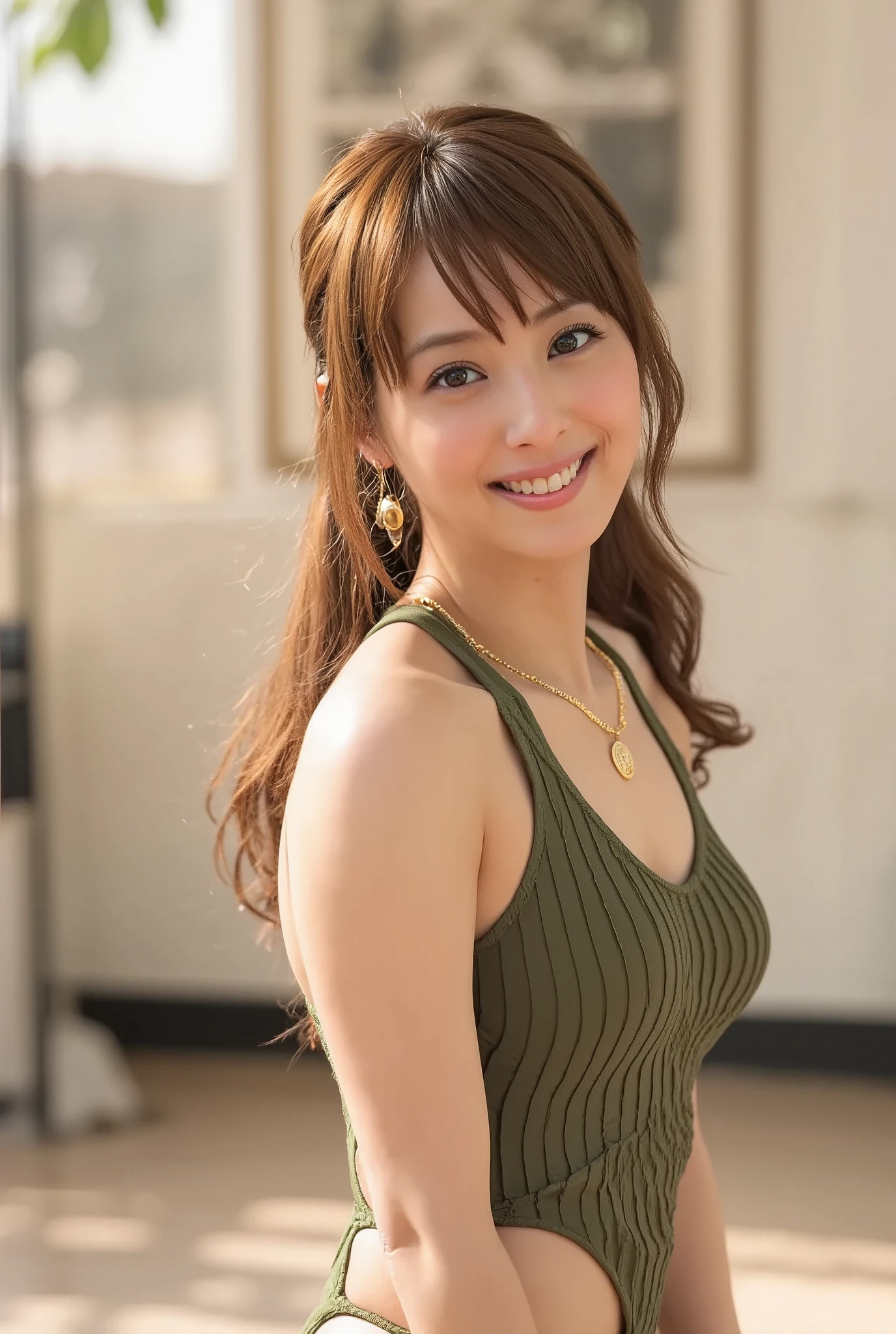 Mature 24 year old woman(Zuo々Nozomi)が一人Yes 、The woman has shiny dark hair(前髪To下げたポニーテールヘアー:1.6)のヘアースタイルToしてYes 、女性の体型は均整のとれたプロポーションis、おヘソは縦型に凹んでYes 、( breasts are C cup size :1.6)で美しい形ToしてYes 、(Chest Valley and Thin Legs:1.6)が魅力is、Women美しい自然な昼間光ライティングの(Stand on the dance floor )Yes 、Women(Moss green rib knit leotard :1.6)To着て、( Necklaces )To着用してYes 、Women(smiley face :1.2)で私To見てYes 、(女性が立っている姿To正面から見る画像:1.6)To( cowboy shot:1.6) generated by 、The image is高彩度でリアルな(Full screen picture )is、The image is( perfect anatomy 、 perfect composition on the board、 beautiful detailed shading、 beautiful natural lighting 、 beautiful details glow 、 natural light、 depth of writing)によって構成されてYes 、